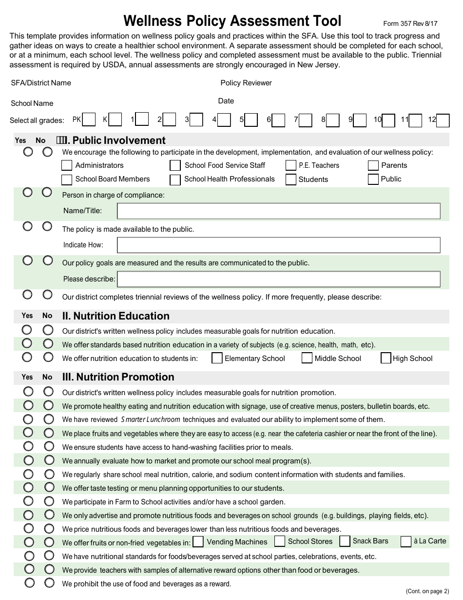 Form 357 Wellness Policy Assessment Tool - New Jersey, Page 1