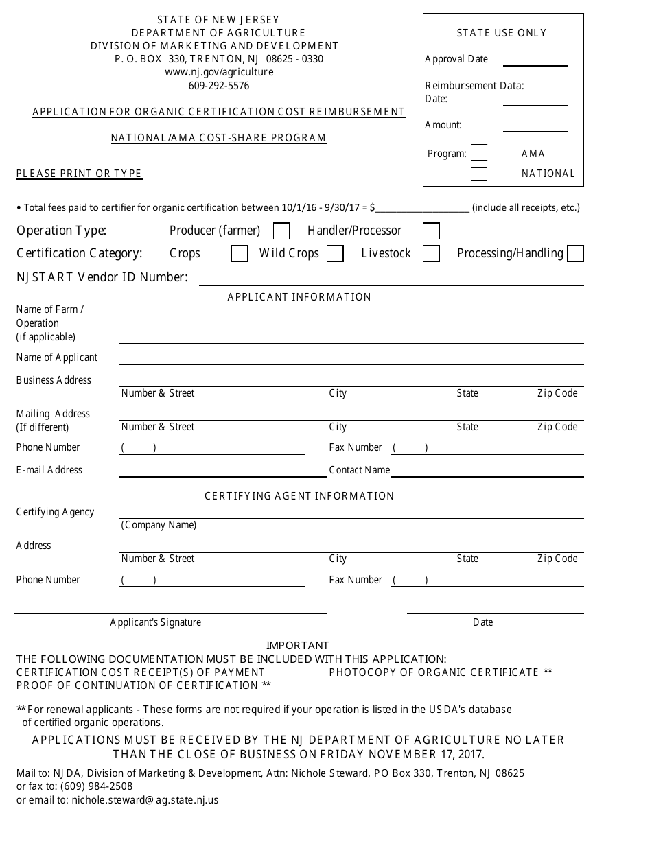 Usda Organic Certification Cost Share Program Application - New Jersey, Page 1
