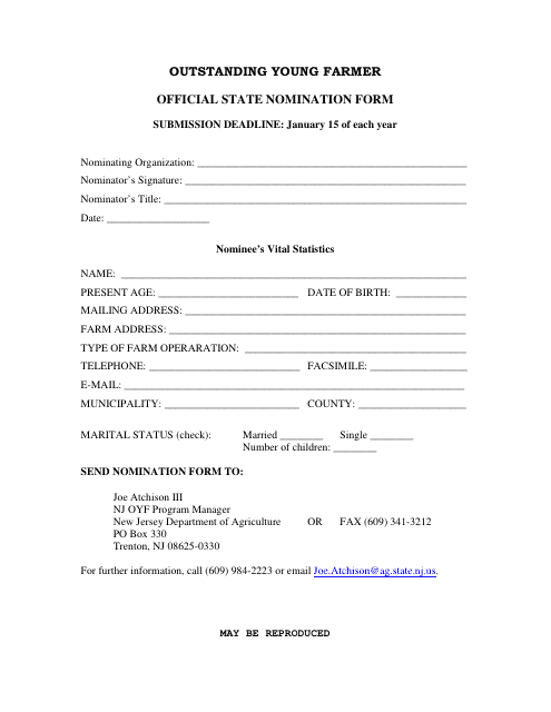Outstanding Young Farmer Nomination Form - New Jersey Download Pdf