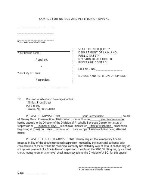Sample for Notice and Petition of Appeal - New Jersey