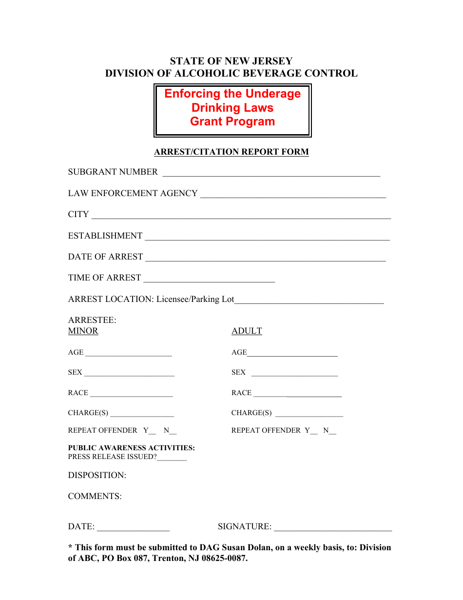 Enforcing the Underage Drinking Laws Grant Program Arrest / Citation Report Form - New Jersey, Page 1