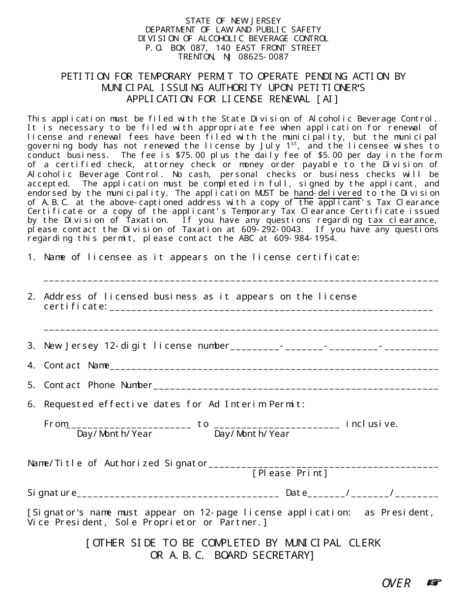 Petition for Temporary Permit to Operate Pending Action by Municipal Issuing Authority Upon Petitioners Application for License Renewal - New Jersey, Page 1
