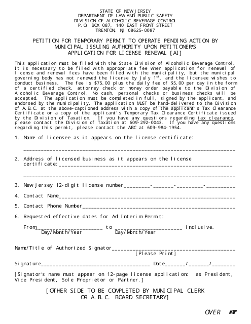 Petition for Temporary Permit to Operate Pending Action by Municipal Issuing Authority Upon Petitioner's Application for License Renewal - New Jersey Download Pdf