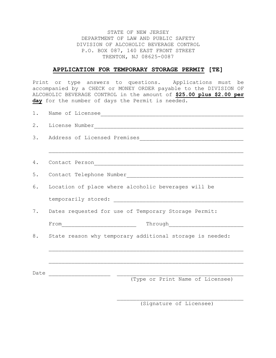 New Jersey Application for Temporary Storage Permit Download Printable