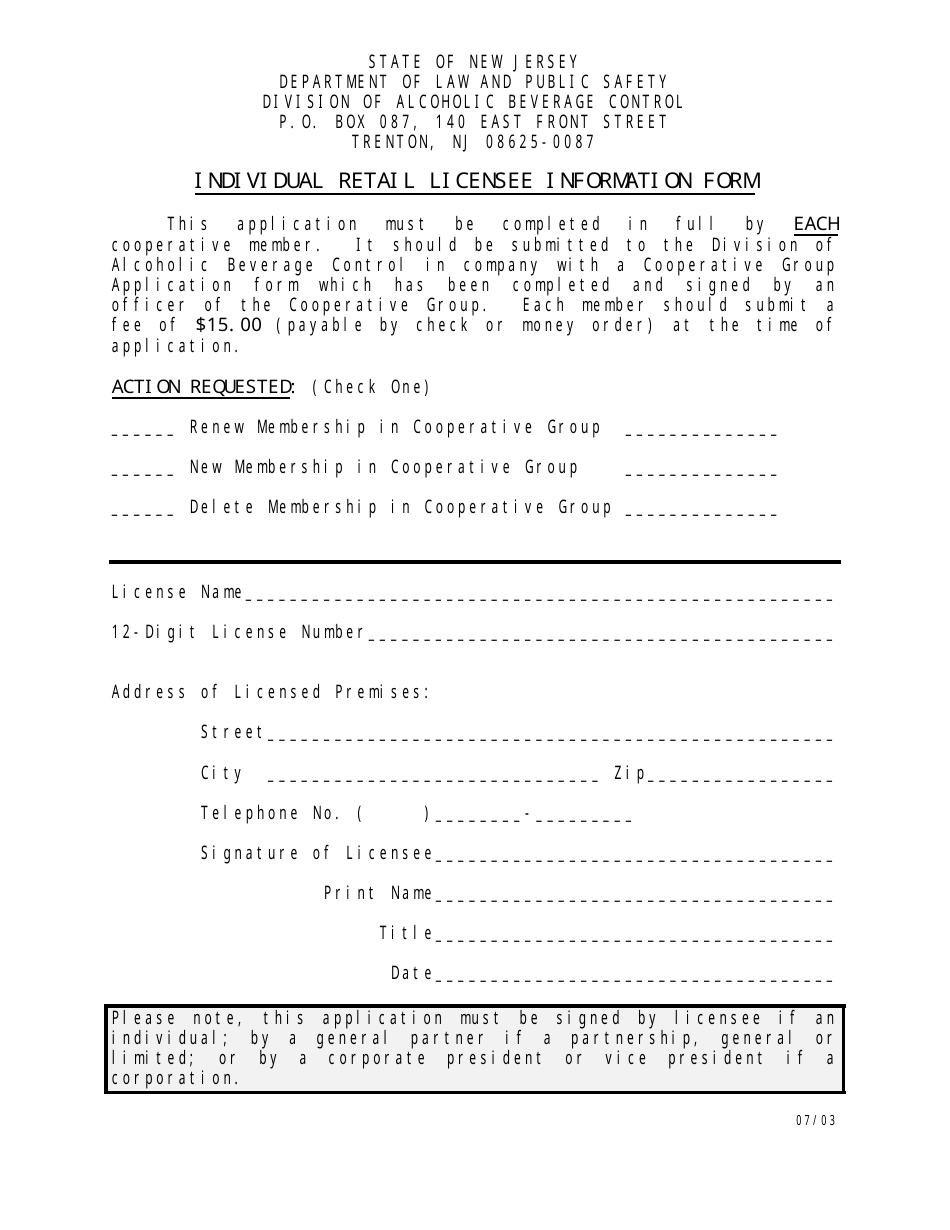 New Jersey Individual Retail Licensee Information Form Fill Out, Sign