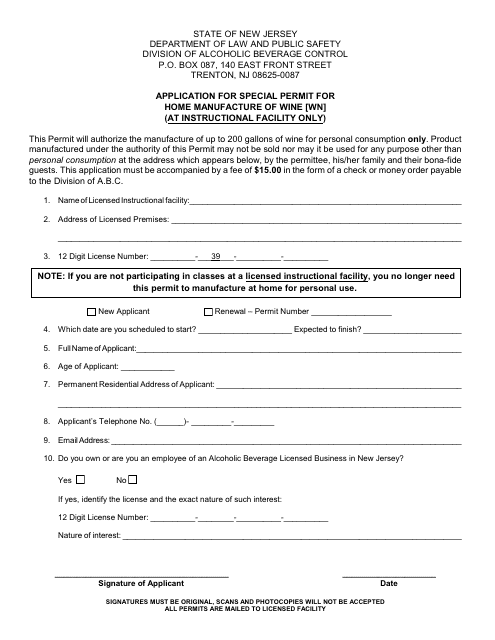 Application for Special Permit for Home Manufacturer of Wine (At Instructional Facility Only) - New Jersey Download Pdf