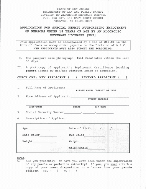 Application for Special Permit Authorizing Employment of Persons Under 18 Years of Age by an Alcoholic Beverage Licensee - New Jersey Download Pdf