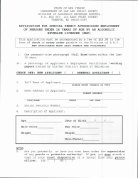 Application for Special Permit Authorizing Employment of Persons Under 18 Years of Age by an Alcoholic Beverage Licensee - New Jersey