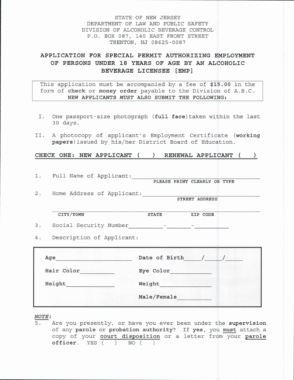 Application for Special Permit Authorizing Employment of Persons Under 18 Years of Age by an Alcoholic Beverage Licensee - New Jersey, Page 1