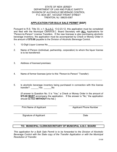 Application for Bulk Sale Permit - New Jersey