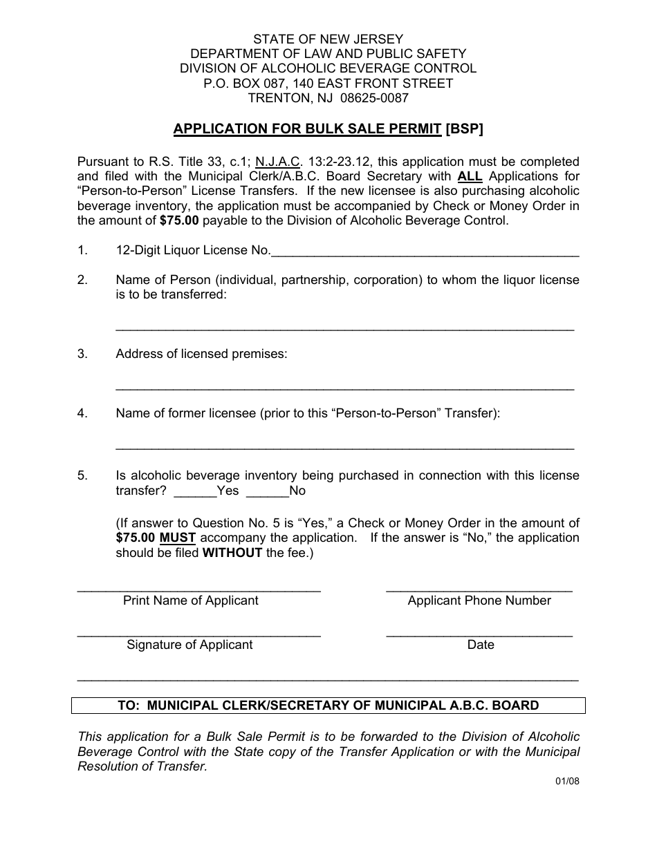 Application for Bulk Sale Permit - New Jersey, Page 1