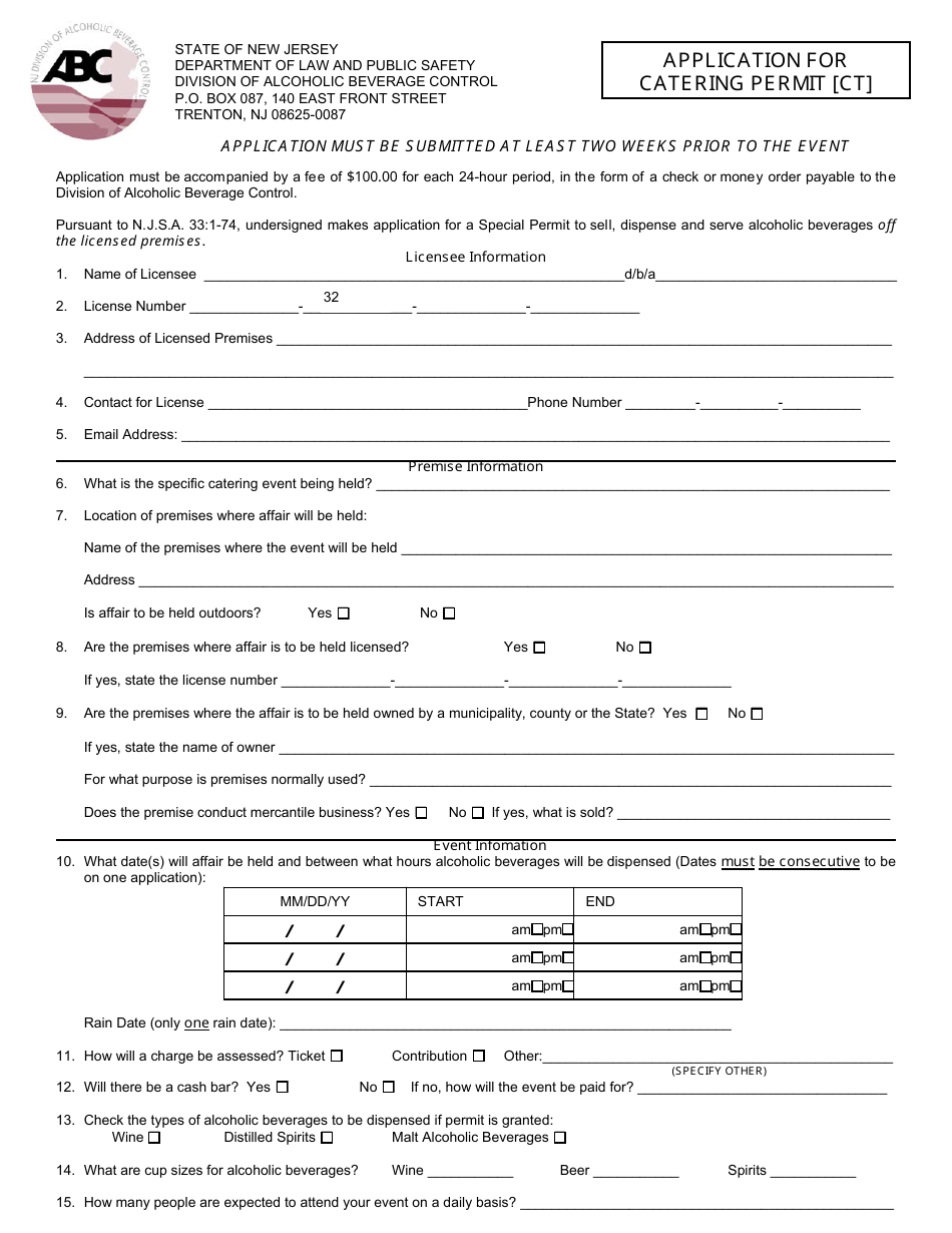 Application for Catering Permit - New Jersey, Page 1