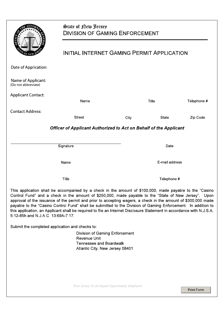 Form 26 Initial Internet Gaming Permit Application - New Jersey, Page 1