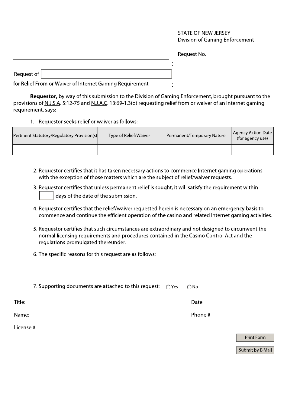 Form 27 Request for Relief From or Waiver of Internet Gaming Requirement - New Jersey, Page 1