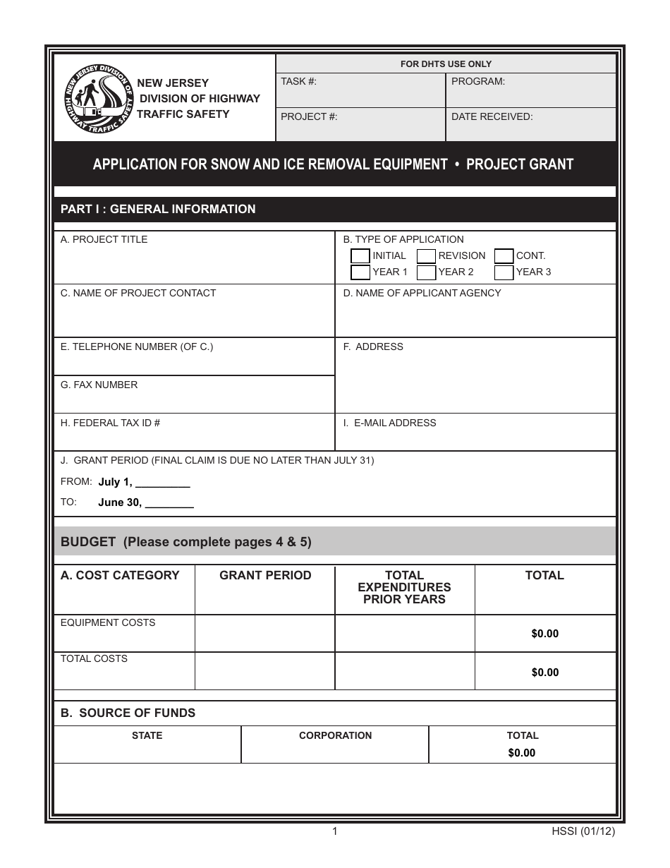 Form HSSI Application for Snow and ICE Removal Equipment - Project Grant - New Jersey, Page 1