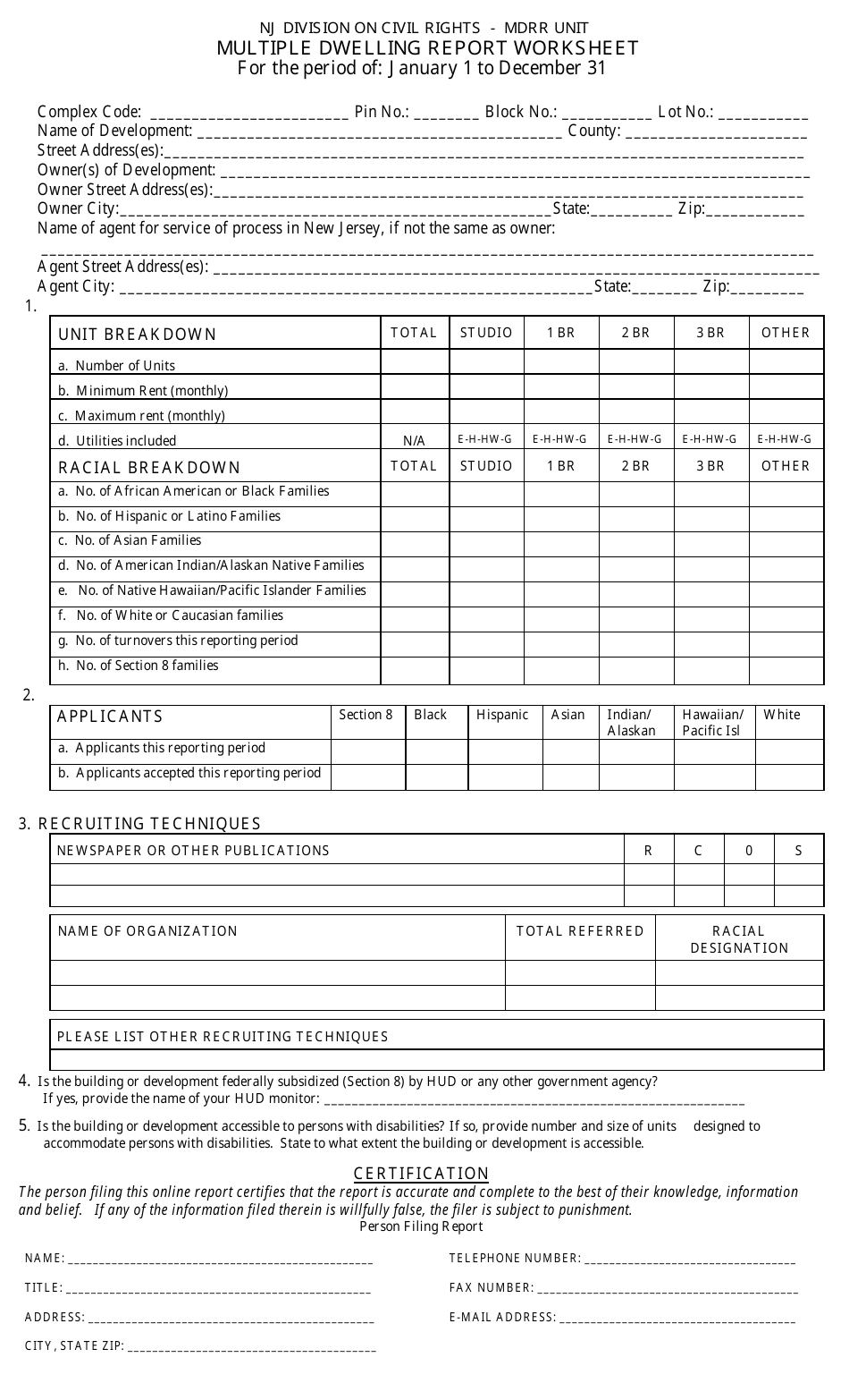 Multiple Dwelling Report Worksheet - New Jersey, Page 1