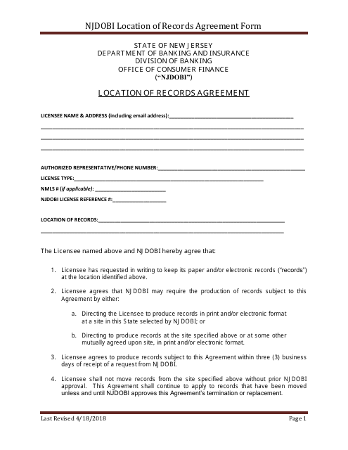 Njdobi Location of Records Agreement Form - New Jersey Download Pdf