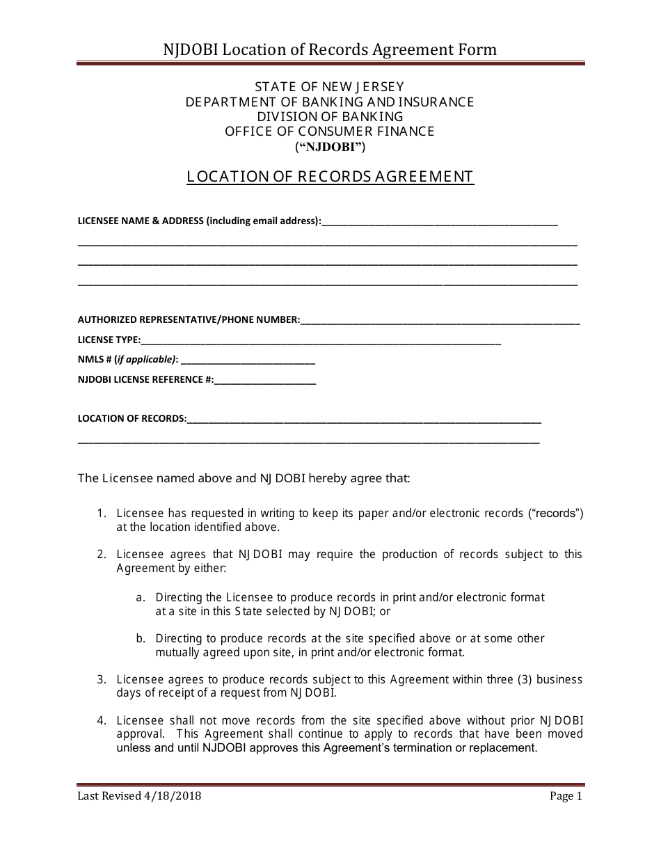 Njdobi Location of Records Agreement Form - New Jersey, Page 1