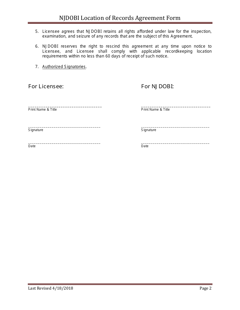 Njdobi Location of Records Agreement Form - New Jersey, Page 2