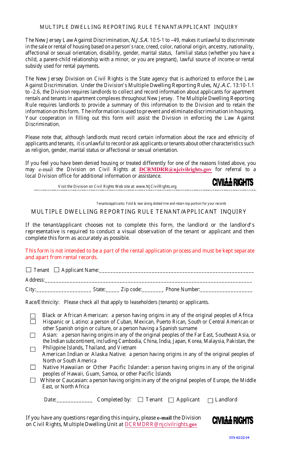 New Jersey Multiple Dwelling Reporting Rule Tenant/Applicant Inquiry