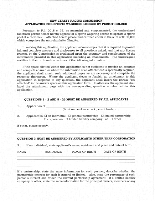 Application for Sports Wagering License by Permit Holder - New Jersey Download Pdf