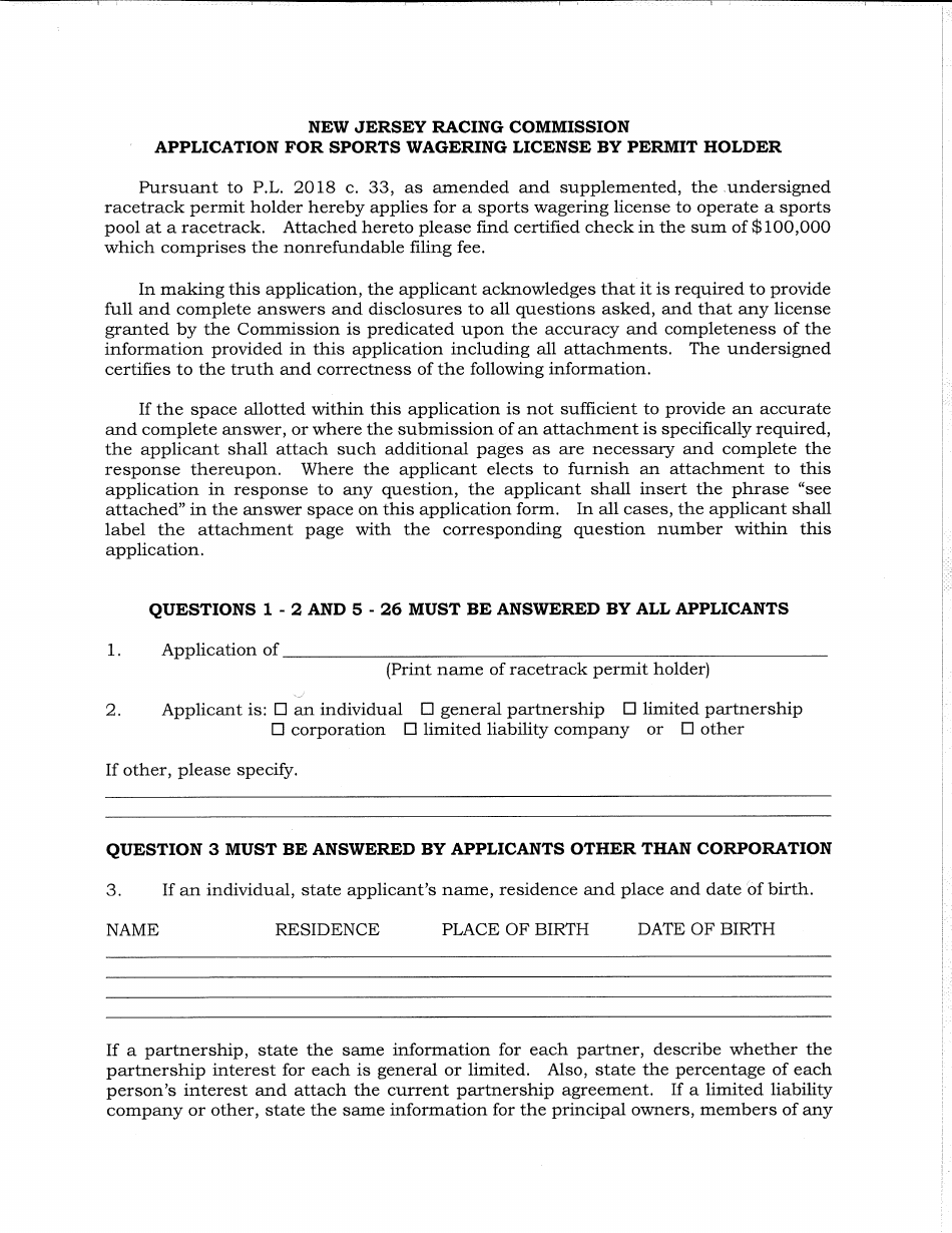 New Jersey Application for Sports Wagering License by Permit Holder
