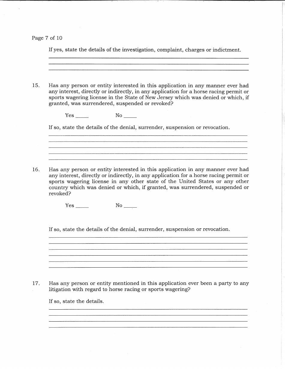 Application for Sports Wagering License by Permit Holder - New Jersey, Page 7