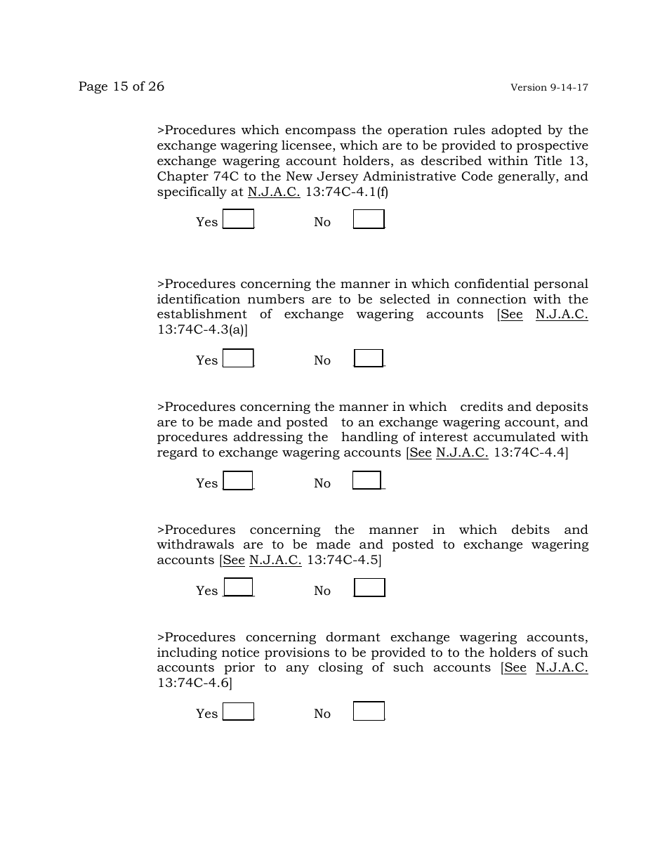 Exchange Wagering License Application - New Jersey, Page 15