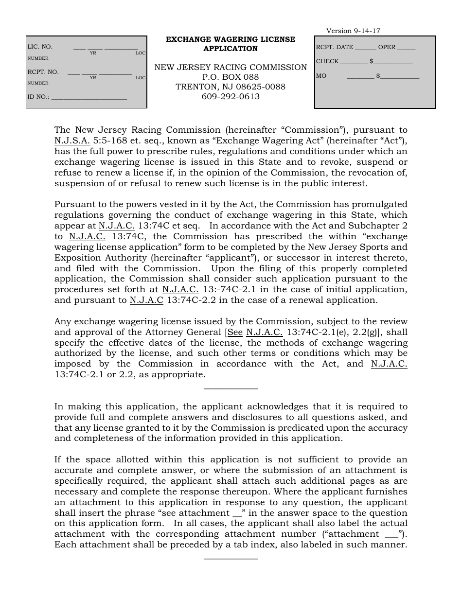 Exchange Wagering License Application - New Jersey, Page 1