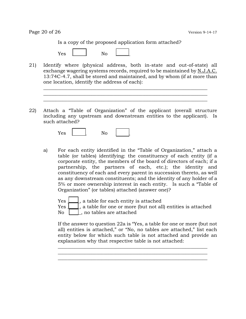 Exchange Wagering License Application - New Jersey, Page 20