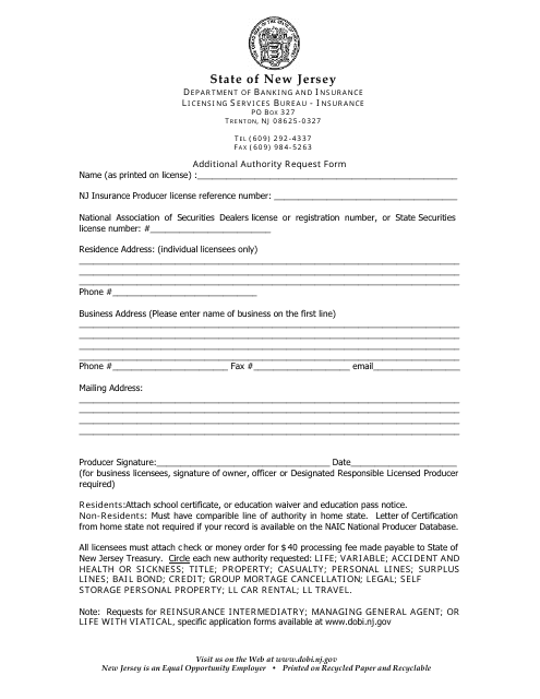 Additional Authority Request Form - New Jersey Download Pdf