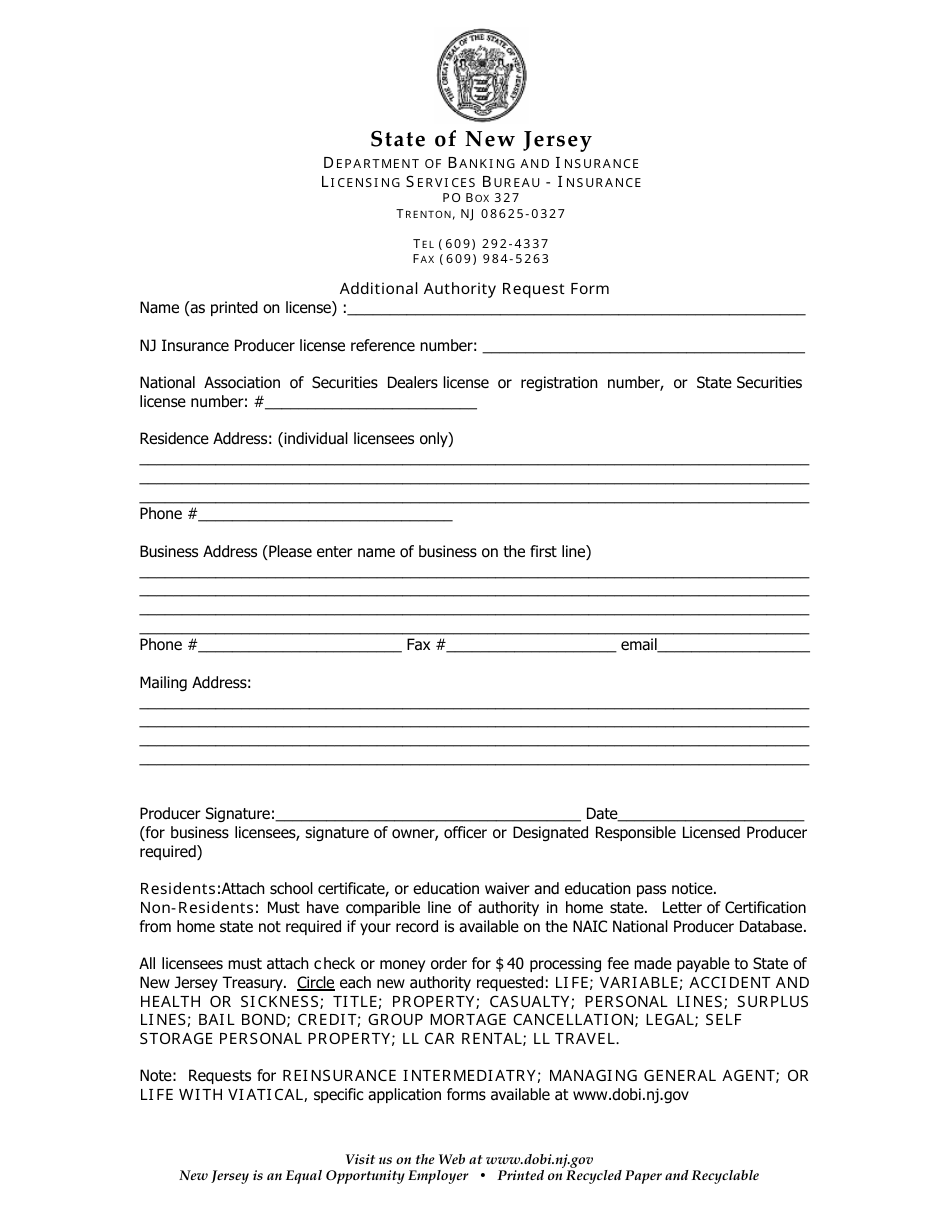 Additional Authority Request Form - New Jersey, Page 1