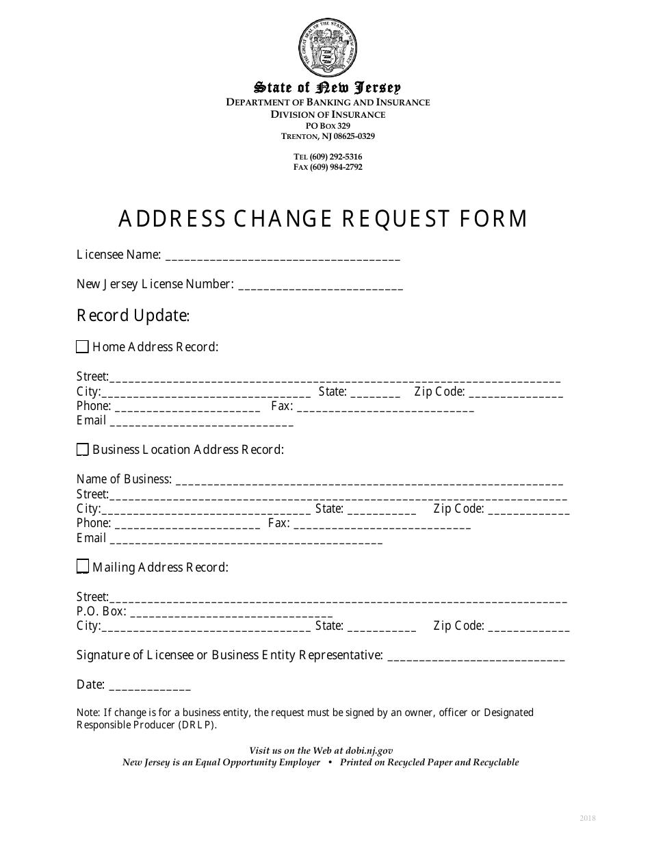 Address Change Request Form - New Jersey, Page 1