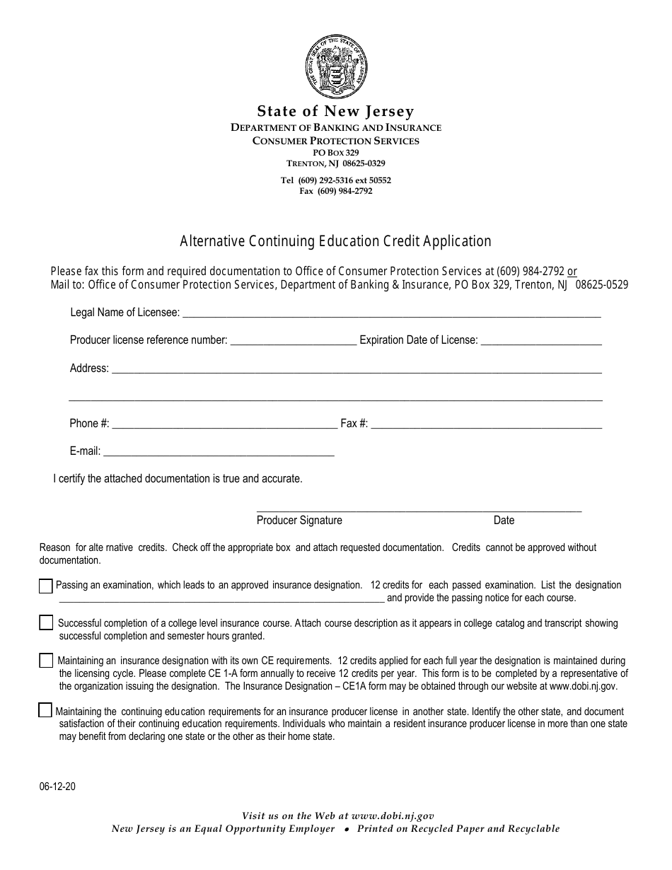 Alternative Continuing Education Credit Application - New Jersey, Page 1