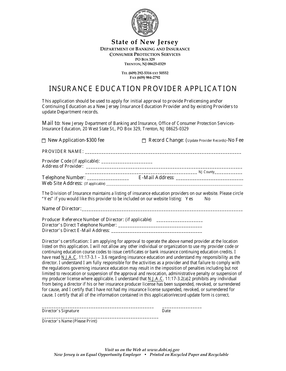 Insurance Education Provider Application - New Jersey, Page 1
