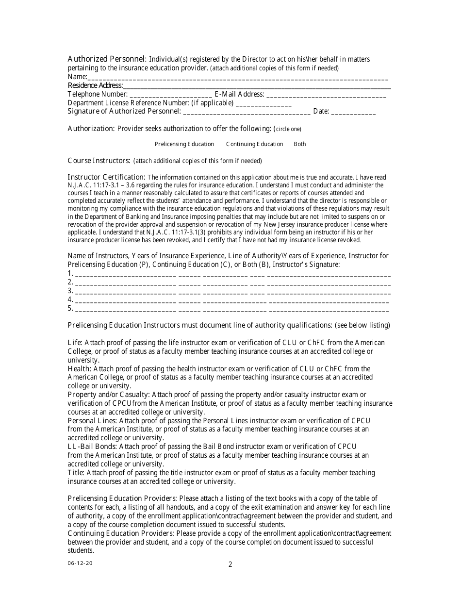 Insurance Education Provider Application - New Jersey, Page 2