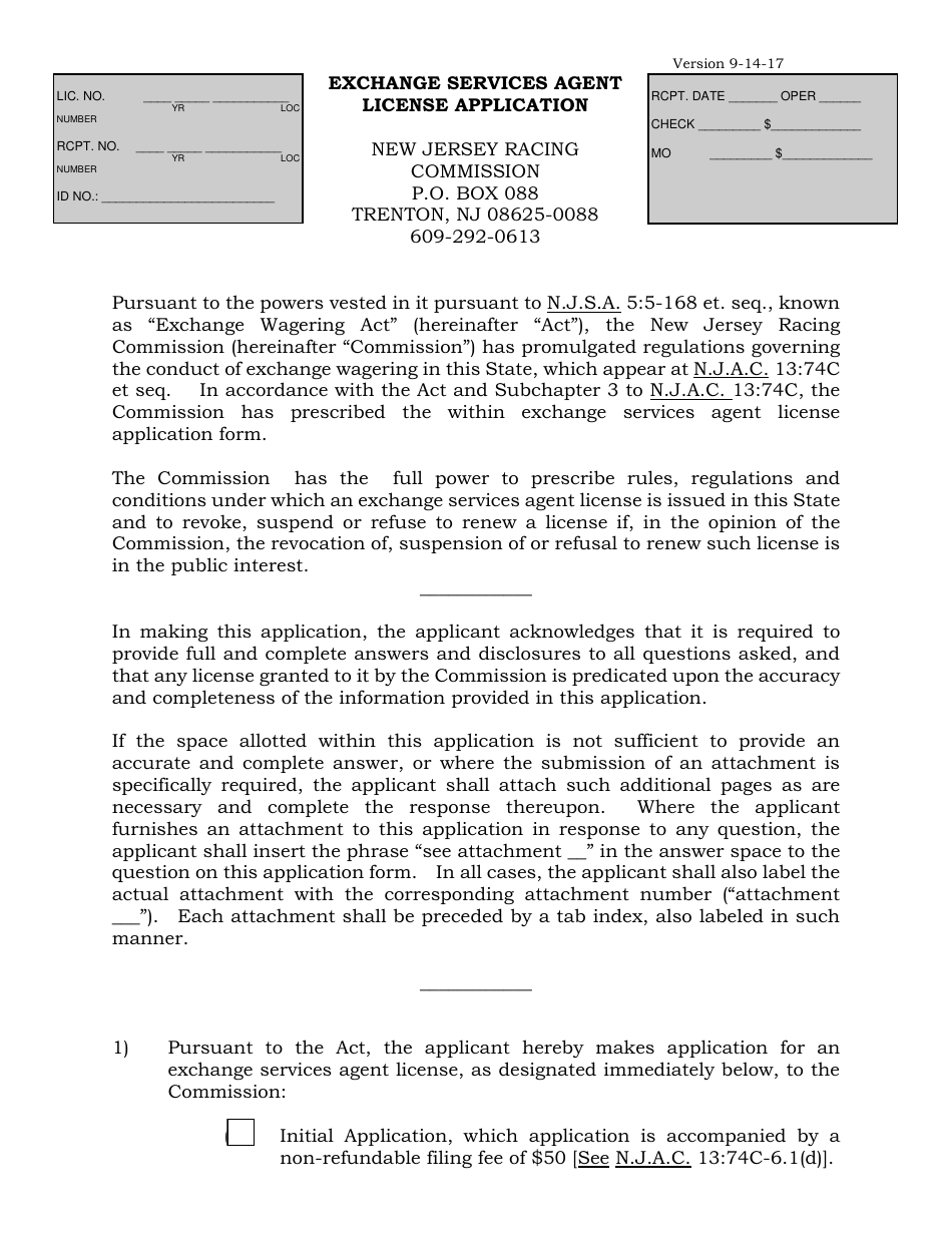 Exchange Services Agent License Application - New Jersey, Page 1