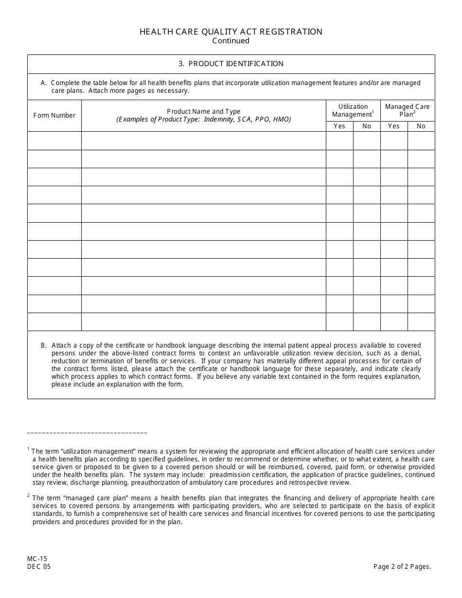Form MC-15 Summary Description of Patient Appeal Process Health Care Quality Act Registration - New Jersey, Page 2