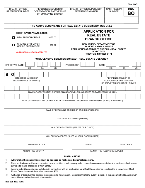 Form REC005 Application for Real Estate Branch Office - New Jersey