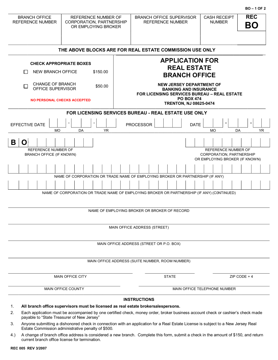 Form REC005 Application for Real Estate Branch Office - New Jersey, Page 1