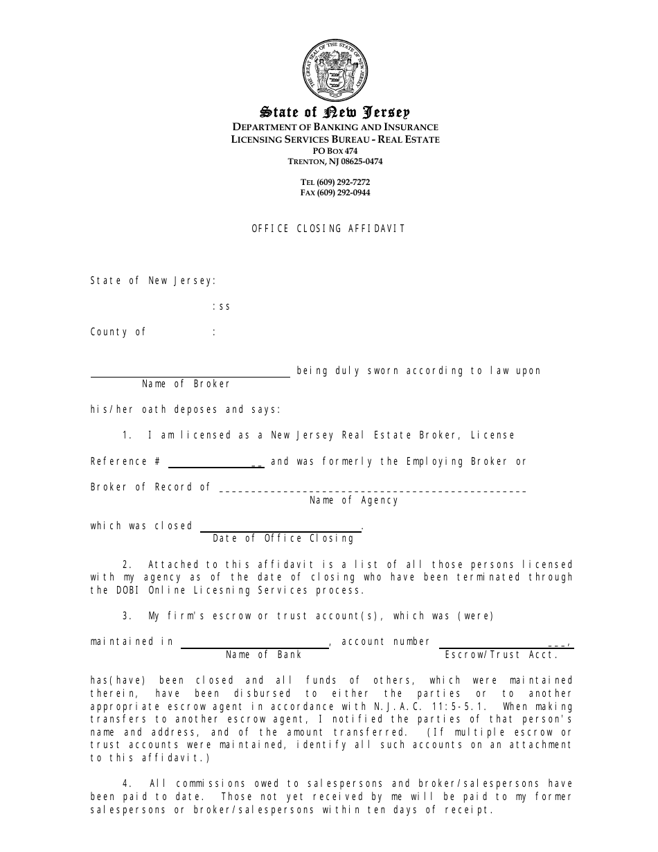 Form REC-009 Office Closing Affidavit - New Jersey, Page 1