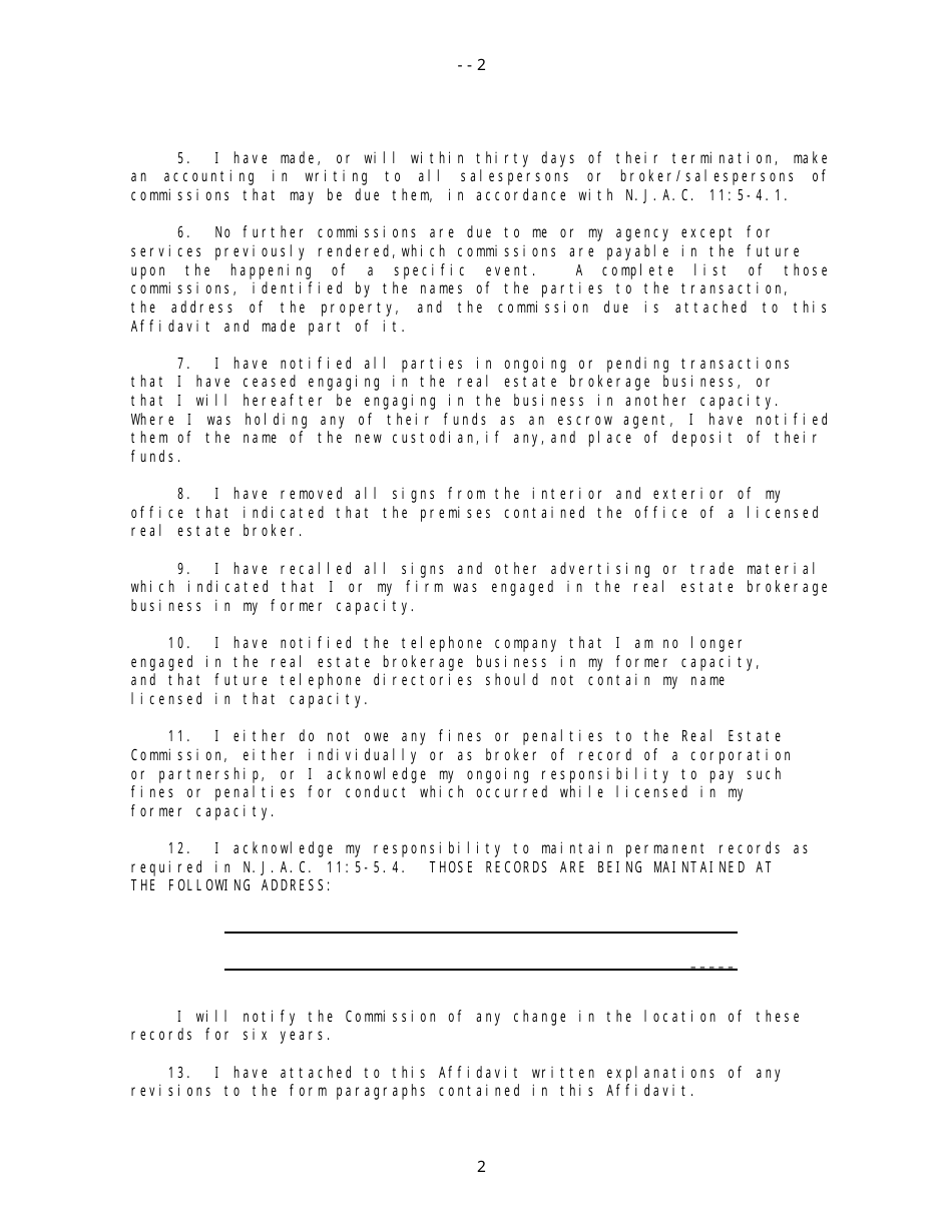 Form REC-009 Office Closing Affidavit - New Jersey, Page 2