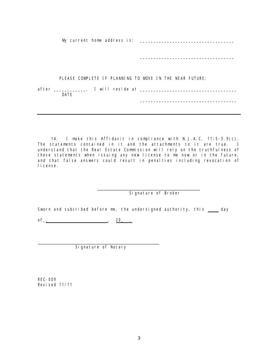 Form REC-009 Office Closing Affidavit - New Jersey, Page 3