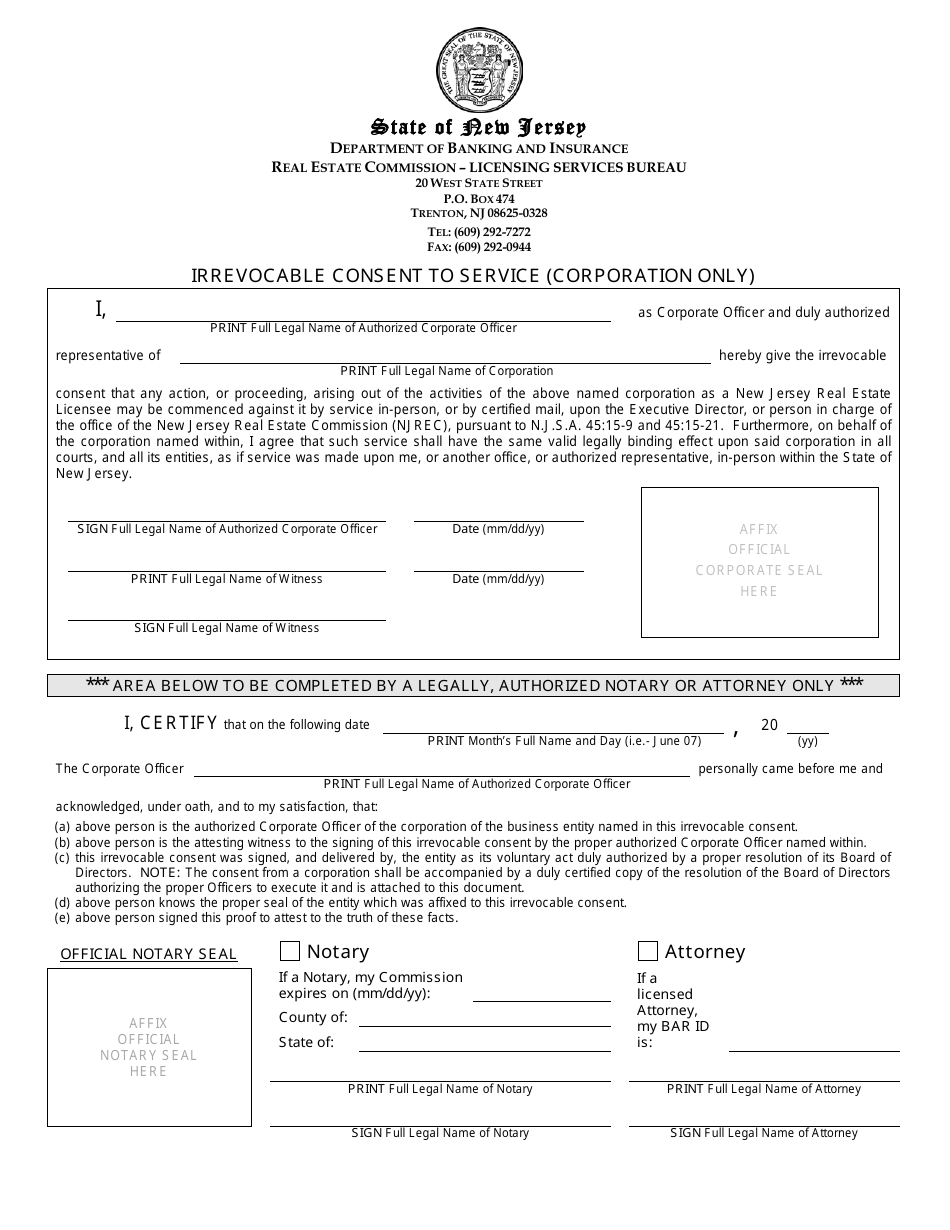 Irrevocable Consent to Service (Corporation Only) - New Jersey, Page 1
