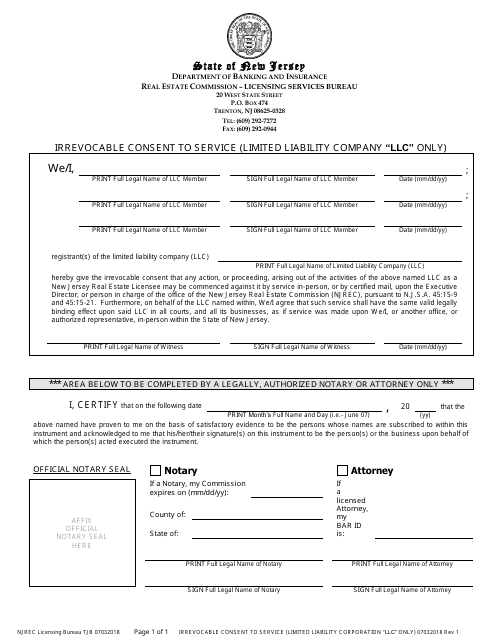 Irrevocable Consent to Service (Limited Liability Company (LLC) Only) - New Jersey Download Pdf