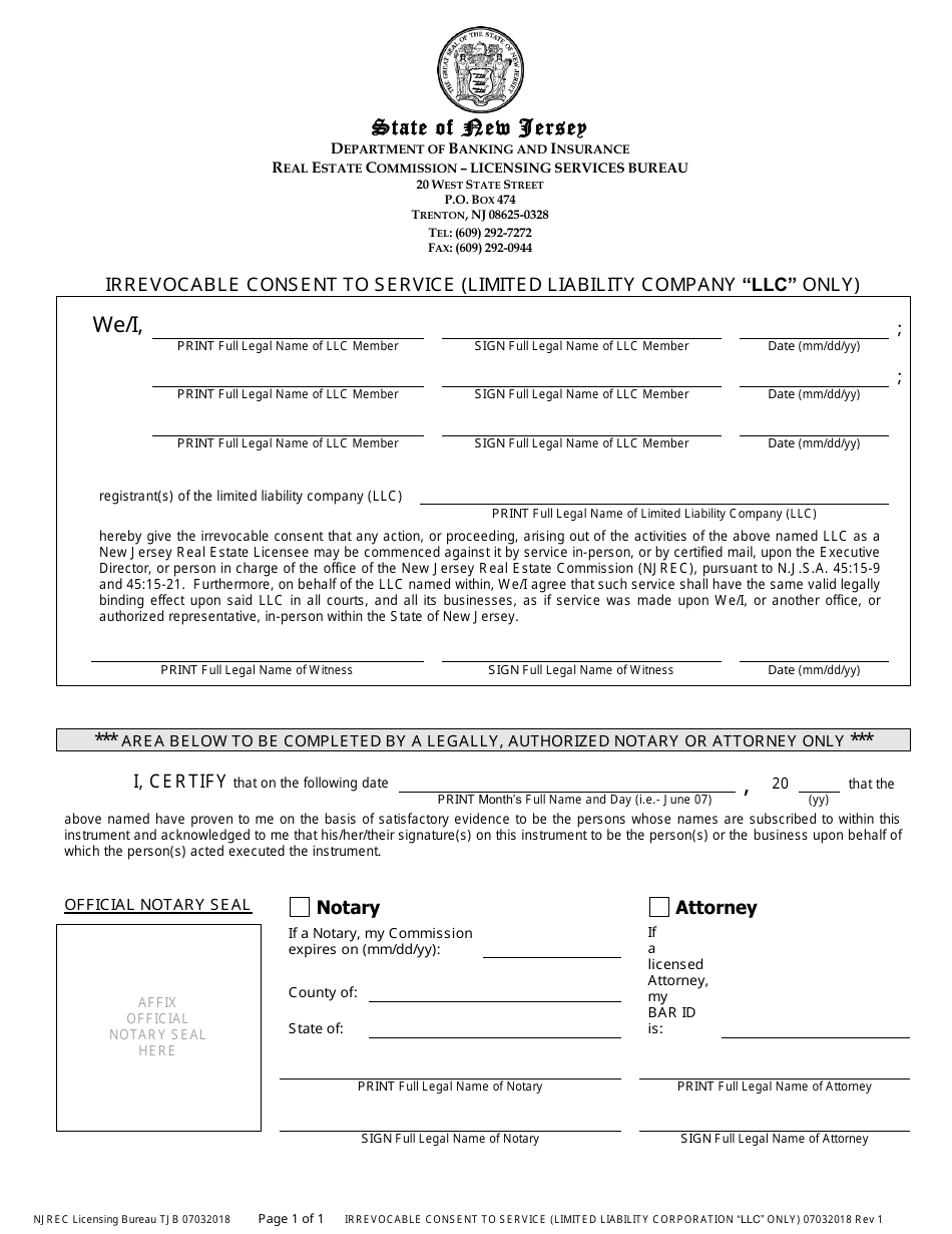 Irrevocable Consent to Service (Limited Liability Company (LLC) Only) - New Jersey, Page 1