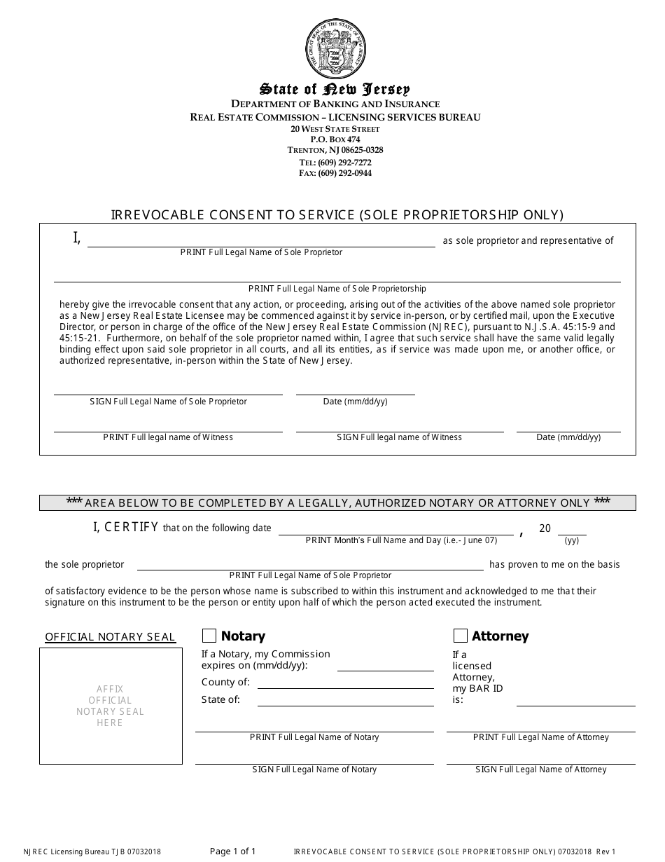 Irrevocable Consent to Service (Sole Proprietorship Only) - New Jersey, Page 1