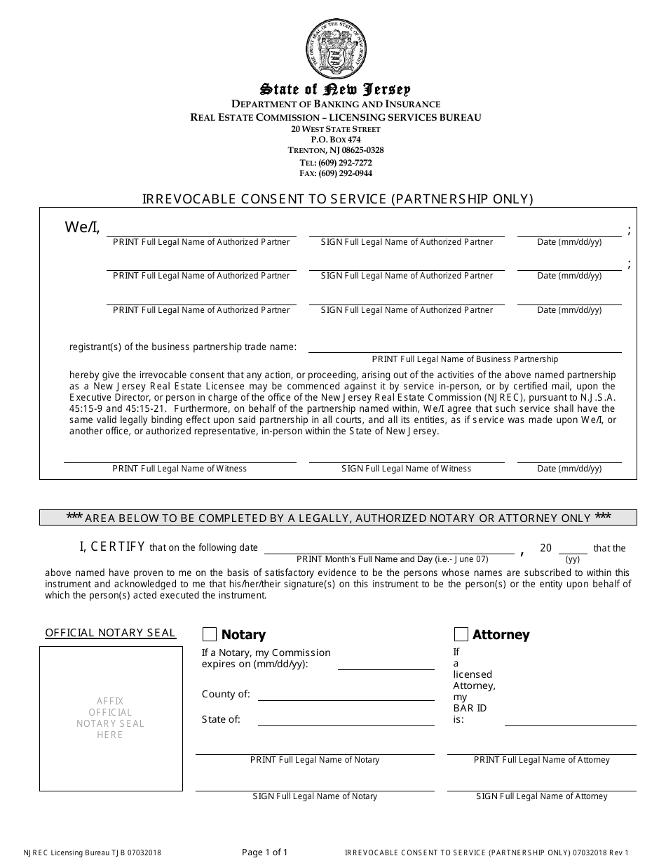 Irrevocable Consent to Service (Partnership Only) - New Jersey, Page 1