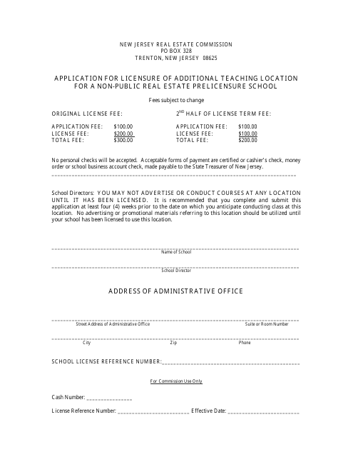 Application for Licensure of Additional Teaching Location for a Non-public Real Estate Prelicensure School - New Jersey Download Pdf