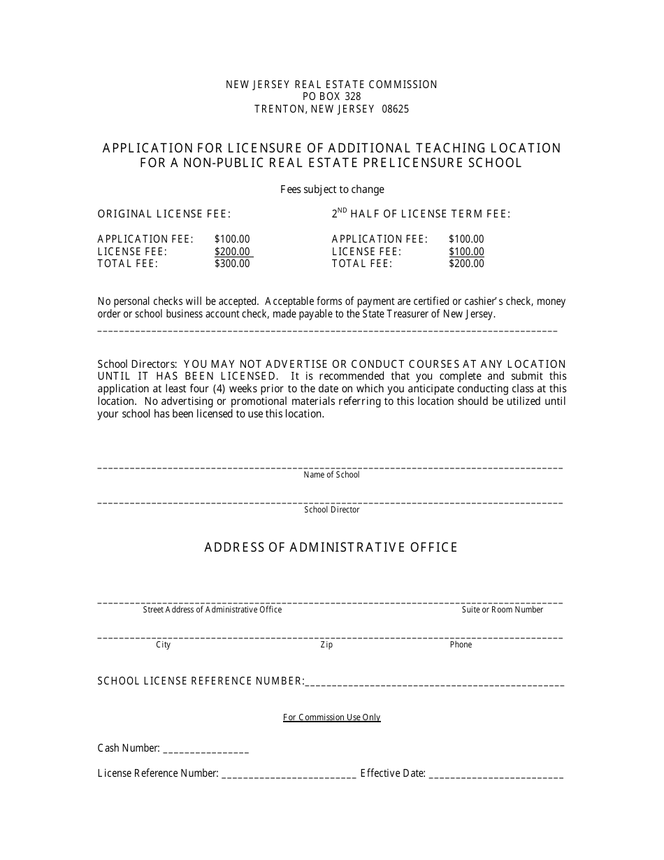 Application for Licensure of Additional Teaching Location for a Non-public Real Estate Prelicensure School - New Jersey, Page 1